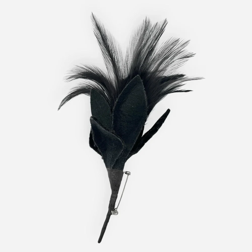 Vintage Black Velvet Feather Boutonniere Brooch Pin Flower Floral Bronze Stems - Picture 2 of 5